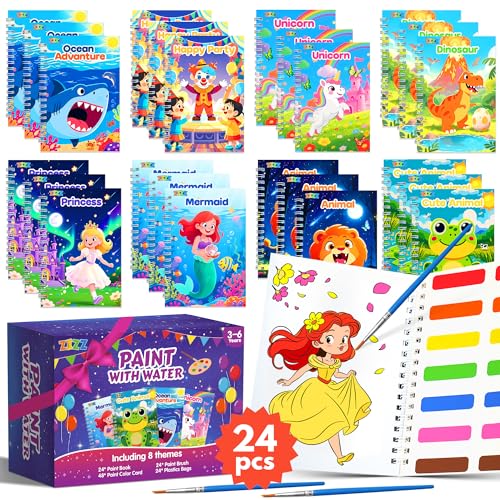 ZIZZ 24Pack Paint with Water Coloring Books for Kids Ages 4-8 Party Favors No-Mess Travel Activity Arts and Crafts Classroom Prizes Birthday Gifts Goodie Bag Stuffers - color: 24PCS-8Style