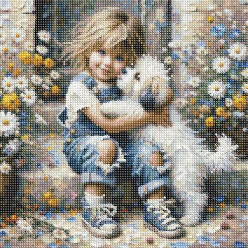 5d Diamond Painting Kit For Adults, Diamond Art Kits For Beginners DIY Full Drill Diamond Art 14x14 Inch Cute Blonde Child Hugging Fluffy Puppy - color: FYZZ-150