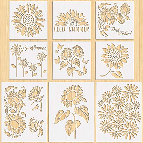 Tenare 9 Pieces Reusable Painting Stencil Plastic Paint Stencils Summer Pattern Drawing Templates Reusable Craft for Painting(Sunflowers) - style: Sunflowers