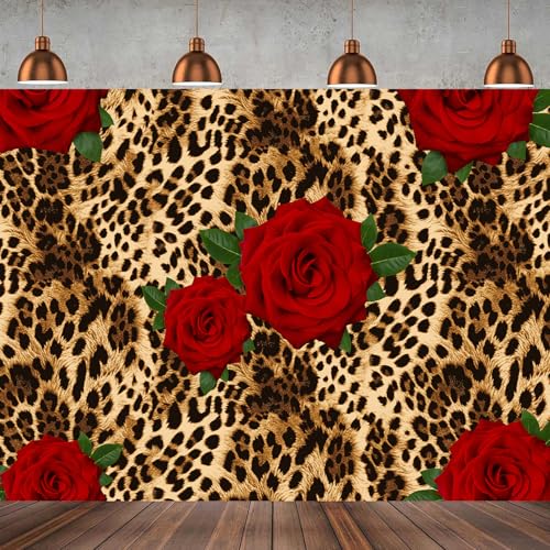 7x5ft Leopard Print Rose Backdrop Red Flower Cheetah Pattern Photography Background Sexy Glam Party Banner for Women Birthday Girls Night Club Decor Photo Booth Wall Decoration