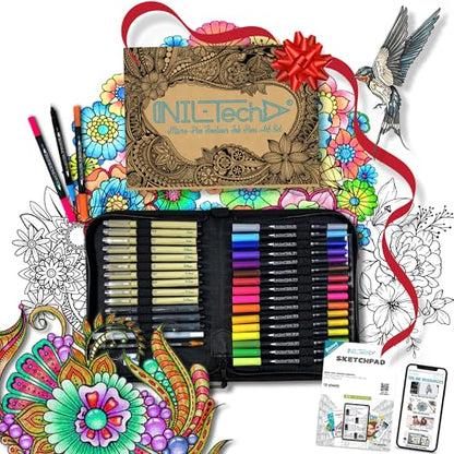 NIL - TECH Professional Artist Drawing Pens Set (36 Pcs) - 16 Dual Brush Markers, 10 Archival Fineliners, 3 Calligraphy Pens, White Gel Pen & Sketchbook - Waterproof Ink for Sketching & Lettering