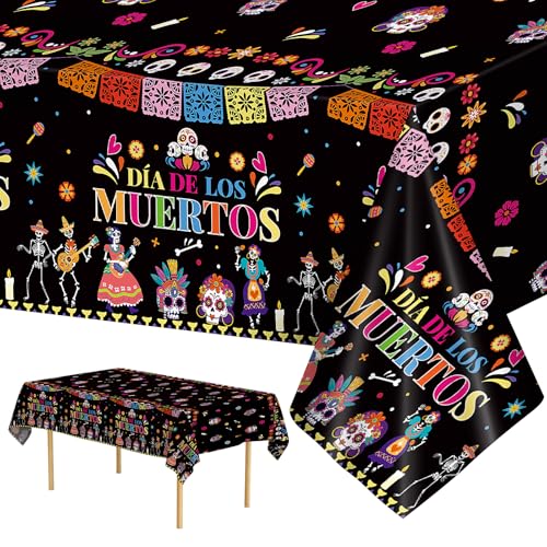 2 Pcs Day of The Dead Table Cloth - Plastic Dia De Los Muertos Tablecloth, Disposable Sugar Skull Floral Table Cover for Halloween Mexican Fiesta Party Decorations Supplies Favors, 108 x 54 Inch - color: Day of the Dead