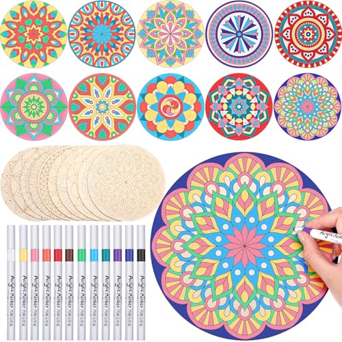 Vercraft 22 Pcs Wooden Mandala Painting Set 10 Mandala Unfinished Wood Cutouts with 12 Markers for Crafts Diwali Craft Wood Slices for Adults Painting DIY Tags Wedding Home Decors(Vintage Style) - color: Vintage Style
