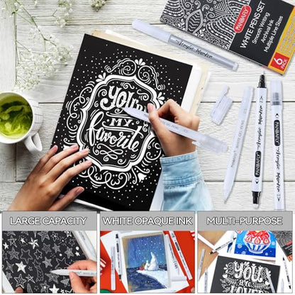 PANDAFLY White Gel Pens Set, Dual-Tip Acrylic Paint Pen, 6 Pack | Brush Tip Acrylic Markers, Winte Ink Pens for Black Paper Drawing, Sketching, Illustration & Card Making, Bullet Journaling