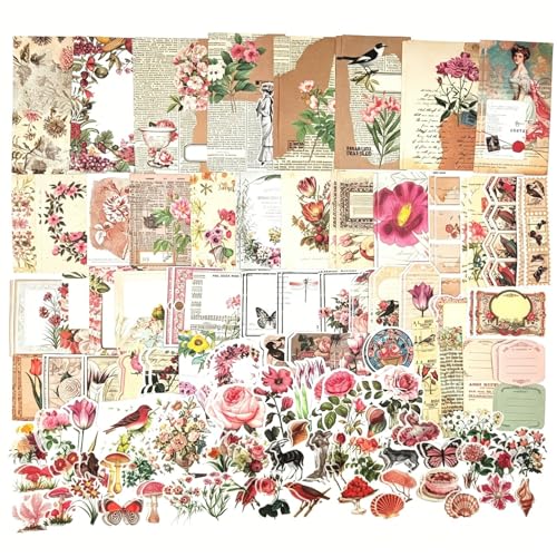 Esweny 200PCS Vintage Scrapbooking Supplies Kit for Journaling, Scrapbook Sticker Paper Pack for Junk Journal Planners Aesthetic Cottagecore Room Decor Wall Art Collage Album - style: Pink Series