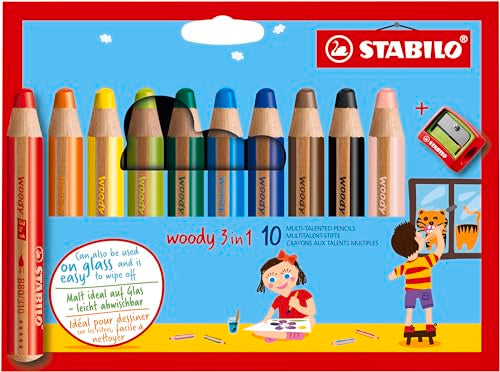 STABILO - woody 3-in-1 - Multi-Talented Pencil - Pack of 10 - Assorted colors with Sharpener