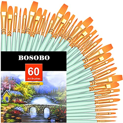 BOSOBO Paint Brushes Set, 6 Pack 60 Pcs Round Pointed Tip Paintbrushes Nylon Hair Artist Acrylic Paint Brushes for Acrylic Oil Watercolor, Face Nail Art, Miniature Detailing & Rock Painting, Green - color: Green, size: 6 Pack
