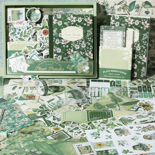 miikoul Vintage Scrapbooking Supplies Kit for Teen Girl Kid Women Diy Gift - color: Green Botanical