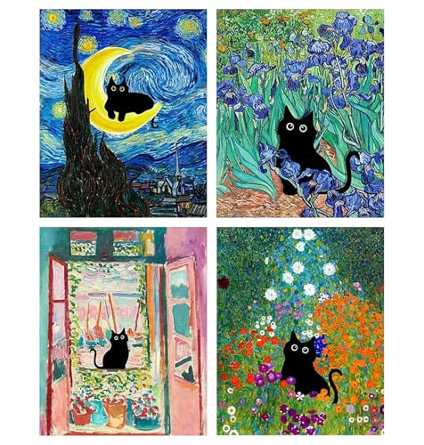 4 Pack Black Cat Diamond Art Kits for Adults Diamond Painting Kit Beginner | Van Gogh 5D Cute Funny DIY Diamond Dots Full Drill Crafts for Gem Art Dot Art for Adults Home Wall Decor for Teens 12x16 in ﻿ - color: DP03153, size: Round Drill