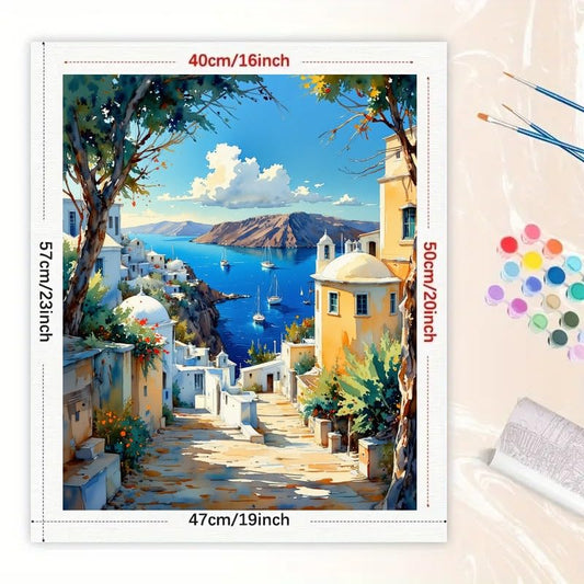 Mediterranean Landscape Paint by Numbers Kit for Adults - DIY Santorini Coastal View Painting on Canvas 16x20, Acrylic Paint Set, Suitable for Beginners, Art for Home Decoration or Gifts - color: HSX00869, size: 16X20IN Folded
