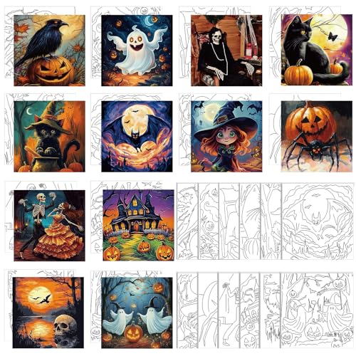 Teling 12 Pcs Halloween Pre Drawn Stretched Canvas Kit for Adults Painting Pre Printed Canvas Outline for DIY Painting Party Favor, 6 x 6 x 0.6 Inches - style: Halloween