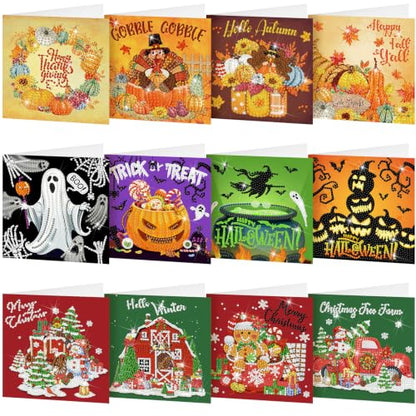 Saillong 12 Pack Fall Diamond Painting Greeting Cards Kits DIY Holiday Diamond Art Cards with Envelopes Halloween Christmas 5D Rhinestones Painting Making Kit for Adult DIY Crafts Party Favors Gifts - color: Holiday