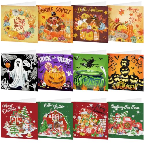 Saillong 12 Pack Fall Diamond Painting Greeting Cards Kits DIY Holiday Diamond Art Cards with Envelopes Halloween Christmas 5D Rhinestones Painting Making Kit for Adult DIY Crafts Party Favors Gifts - color: Holiday
