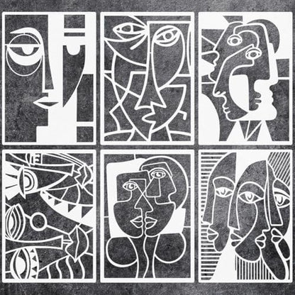 6 Pieces Abstract Face Pattern Stencils, 11.7x8.3 inch A4 Size Reusable Picasso Painting Templates in Creamy White PET for DIY Crafts on Walls, Furniture, Fabric & Photo Frames
