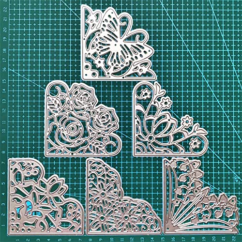 6Pcs 3Inches Lace Corner Cutting Dies Stencil Butterfly Flowers Die Cuts Metal Corner Pocket Die for Card Making DIY Scrapbook Album Paper Card Festival Decor - style: Corner dies set