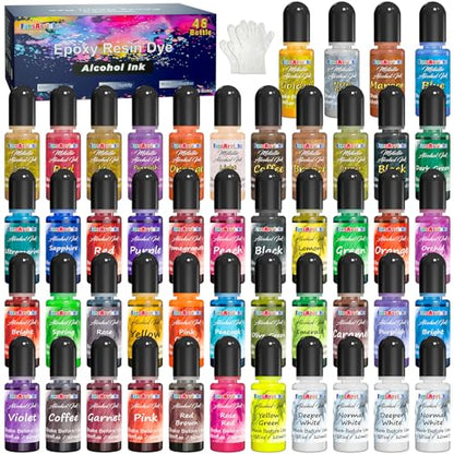 FansArriche Alcohol Inks for Resin, 48 Colors Alcohol Ink Set, 10 ml Each | High Concentrated Alcohol-Based Resin Ink, Epoxy Resin Paint for Coasters, Fluid Painting Crafts, Tumbler Making