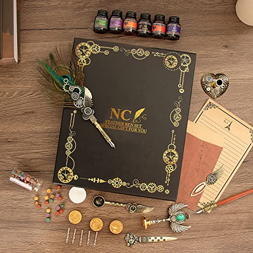 NC Quill Pen Ink Set, Feather Calligraphy Pen Set, Wax Seal Stamp Set, Valentine's Day Gift for Writing Lovers, Various Holiday Ideal Gift (Peacock Feather) - color: Peacock Feather