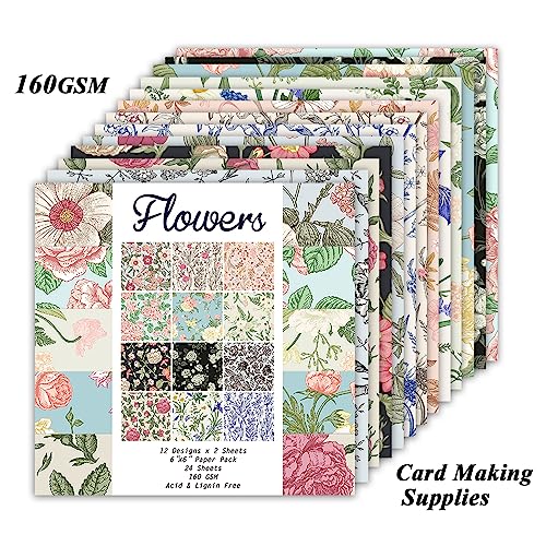 Scrapbook Paper, 24 Sheets 6"×6" 160gsm Single-Sided Patterned Cardstock - color: 24 sheets-flowers