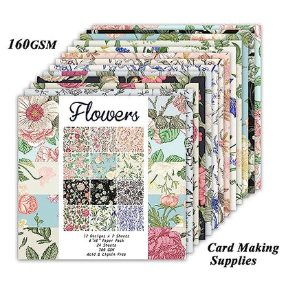 Scrapbook Paper, 24 Sheets 6"×6" 160gsm Single-Sided Patterned Cardstock - color: 24 sheets-flowers