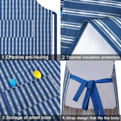 2 Pack Bid Aprons, Adjustable Kitchen Apron with 3 Pockets, Chef Works Apron. - color: Navy Stripe