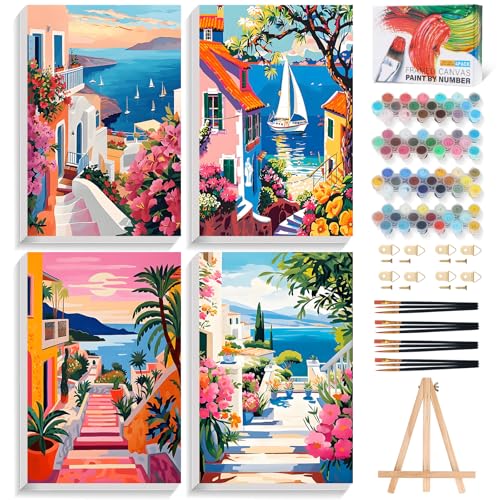 4 Pack Paint by Numbers Kit for Adults with Frame, Seaside Town Landscape | DIY Acrylic Painting Kit with Wooden Easel, Framed Paint by Number for Beginners, Home Wall Decor & Gift, 8 x 12 Inch - color: OP4FUS2506-05