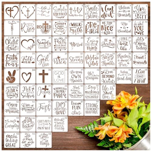 65Pcs Small Stencils for Painting on Wood BurningReusable, 3 Inch Reusable Stencil for Craft Ornament Paint Template Stencils for Wall Card Rock Wood Signs Coasters Canvas Home Decor (Bible Words) - style: Bible words