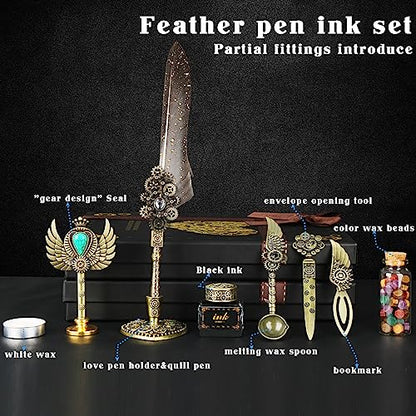 Feather Quill Calligraphy Pen Set With Ink and Wax Seal Stamp - Beautiful Gift Set for Christmas - Grey - color: Grey