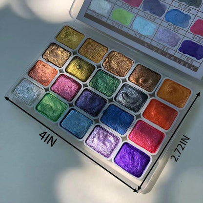 Mini Portable Handmade Artist Watercolor Paint Travel Set - 20 Colors Metallic Pearlescent Glitter Solid Watercolor Half Pans (Each Capacity Approx 1ml) Sparkle Professional Watercolour - #B