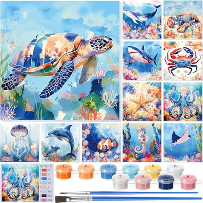 Nezyo 12 Sets Paint by Numbers with Frame, Ocean Animals Canvas 8x8 Inch - style: Sea Creatures