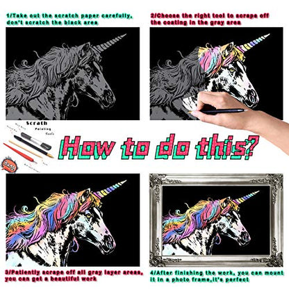 DESINIK Scratch Painting Art for Adults -Scratch Painting Foil Art for Adults, Scratchboard Set(A4) with 4 Tools & 8 Sheets, Animal Series Creative Set (Lion and Bird) - color: Lion and Bird