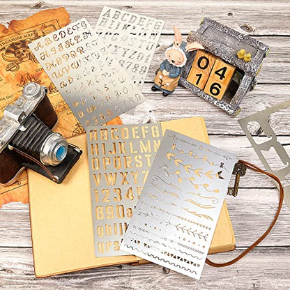 Lewtemi 8 Pcs Metal Journal Stencils, Stainless Metal Stencils Wood Tool Journal Style Scrapbooking DIY Wood Carving Engraving, Painting Planning Small Reusable Painting Template(Classic Style) - style: Classic Style,Retro,Vintage