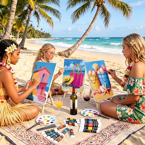 Ctosree 72 Pcs Hawaii Paint and Sip Kit for Adults 8'' x 10'' Pre Drawn Canvas for Painting DIY Pre Printed Canvas for Party Favor Acrylic Painting Kit Wood Easel Brushes Date Night Bulk - style: Hawaii