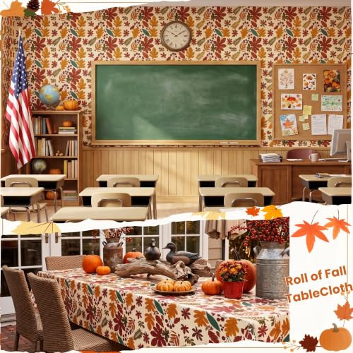 100FT x 54IN Thanksgiving Plastic Tablecloth Roll with Slide Cutter Box | Heavy Duty Disposable Fall Maple Leaf Table Cover Wall Backdrop, Harvest Pumpkin Table Cloth for Autumn Event Party Supplies - color: Brown Leaves, size: 1200" x 54" (Rectangular)
