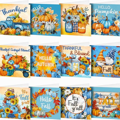 Saillong 12 Pack Blue Fall Diamond Painting Greeting Cards with Envelopes | Fall Diamond Art Cards Kits for Adults, DIY Thanksgiving Cards, Autumn 5d Rhinestones, DIY Crafts, Family Friend, Fall Gifts - color: Blue Fall