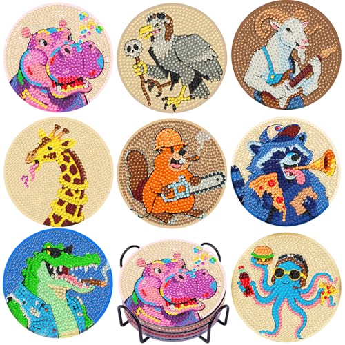 DOTSOPS 8 Pcs Animal Diamond Painting Coasters for Beginners with Holder - color: Eanimal