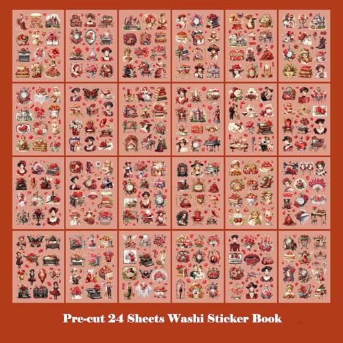 Washi Sticker Book for Scrapbook, 450+ Pre-Cut Scrapbooking Stickers, Vintage People Flowers Aesthetics Stickers for Adults and Teens, Junk Journal Supplies for Journaling Decorative DIY Arts Craft - color: The Glass of Time