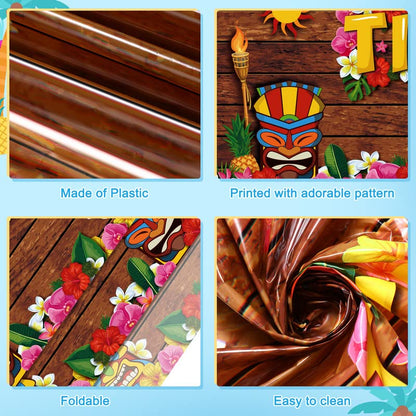 Frienda 6 Pcs Tiki Tablecloth Luau Table Cover Hawaiian Decor, Retro Style | Disposable for Luau Beach Party Decor, Tiki Totem Mask Print, Easy Cleanup Plastic Cover for Aloha Tropical Themed Events - style: Retro