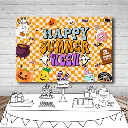 8x6FT Summerween Backdrop Happy Summerween Halloween Ghost Magic Pot Tombstone Background for Boy Girl Women Summer Halloween Party Decorations Vinyl