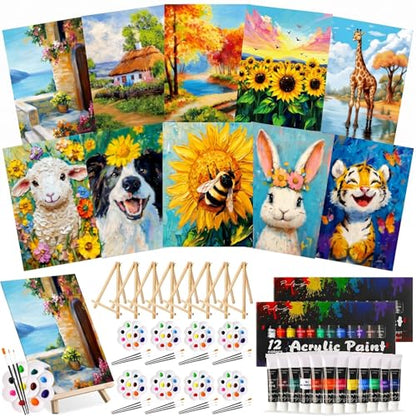 Ctosree 72 Pcs Nature Animals Paint and Sip Kit for Adults 8'' x 10'' Pre Drawn Canvas for Painting DIY Pre Printed Canvas for Party Favor Acrylic Painting Kit Wood Easel Brushes Date Night Bulk - style: Nature Animals