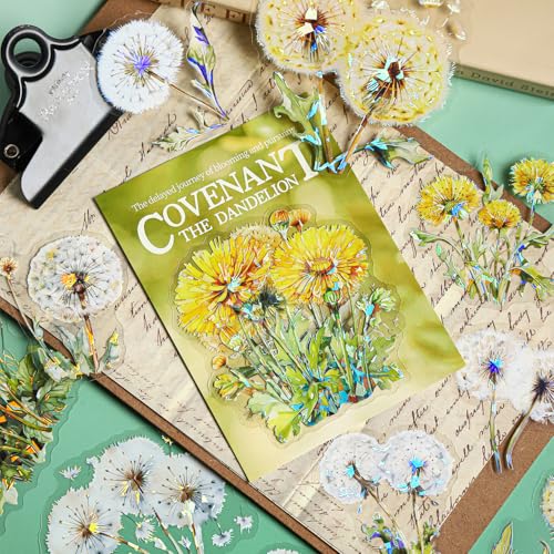 Dandelion Floral PET Stickers Set, 60PCS Holographic Botanical Flower Stickers for Scrapbooking, Journaling, DIY Crafts, and Art Supplies - color: Dandelion Wish