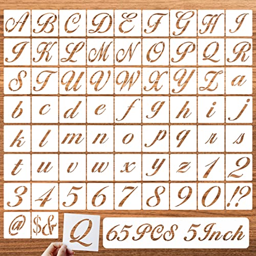5 Inch Letter Symbol Stencils for Painting on Wood, 65 Pcs Alphabet Drawing Templates with Calligraphy Large Font and Cursive Letters Numbers Signs, Reusable Plastic Art Craft Stencils - size: 5 Inch