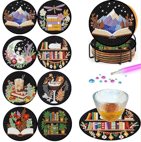 8PCS Bookshelf Diamond Art Coasters for Adults, DIY 5D Bookshelf Wooden Coffee Diamond Painting Coasters with Holder, Non Slip Mosaic Dot Painting Coaster with Cork Pads for Beginners 4x4 Inch - color: BDWY418-US