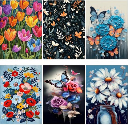 DOTZSO 6PCS Flowers Diamond Painting Art Kits for Adults Beginner 12x16 in | 5D Full Drill Resin, Flowers Pattern, Fits All Ages, Leisure Craft, Stress Relief, Wall/Shelf Display, All-Occasion Gift - color: AF Flowers Butterfly