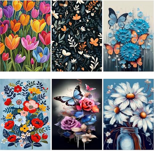 DOTZSO 6PCS Flowers Diamond Painting Art Kits for Adults Beginner 12x16 in | 5D Full Drill Resin, Flowers Pattern, Fits All Ages, Leisure Craft, Stress Relief, Wall/Shelf Display, All-Occasion Gift - color: AF Flowers Butterfly