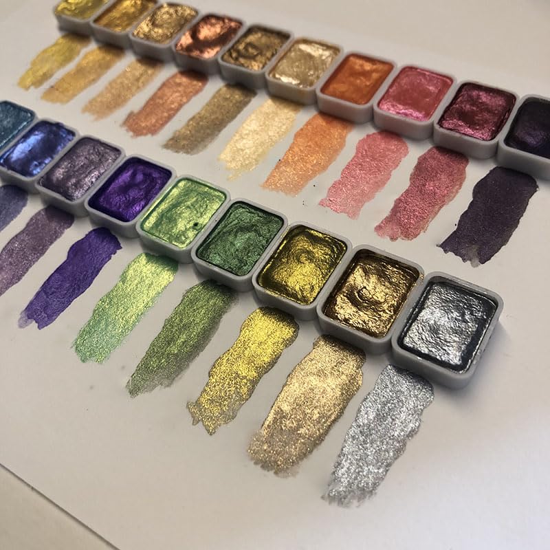 Mini Portable Handmade Artist Watercolor Paint Travel Set - 20 Colors Metallic Pearlescent Glitter Solid Watercolor Half Pans (Each Capacity Approx 1ml) Sparkle Professional Watercolour - #B