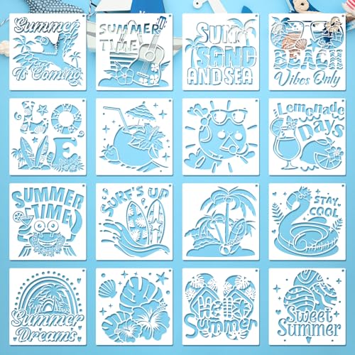 Konsait 16 Pack Summer Stencils, 6" Reusable Hello Summer Palm Tree Sun Tropical Animals Beach Stencils for Painting, DIY Crafts, Wall, Wood, Shirts, Canvas and More