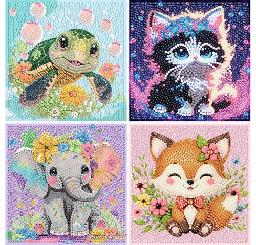 4 PCS Animal Diamond Art Painting Kits for Kids Ages 4-8-12 (6x6 inch) | Sea Turtle Cat Elephant Fox Diamond Art for Kids Ages 4-8-12, Gem Painting Kit Crafts Beginners for Gift Home Wall Decor - color: CC118+CC146+CC236+CC786