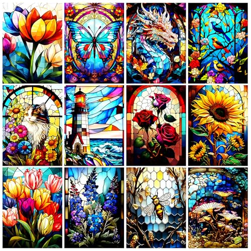 12 Pack Diamond Painting Kits for Adults, 5D Adult Bulk Diamond Art Kits for Beginners, Flowers Diamond Painting Sets Packs DIY Full Drill Paint with Diamond, Home Wall Decor 12 x 16 Inch TYPE1 - color: TYPE1