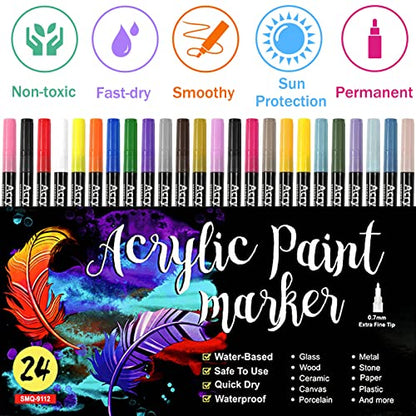 Acrylic Paint Pens for Rock Painting,Set of 24 Extra Fine Point Non-toxic Acrylic Paint Pen Paint Markers for Stone,Ceramic,Glass,Wood,Canvas,Fabrics DIY Crafts