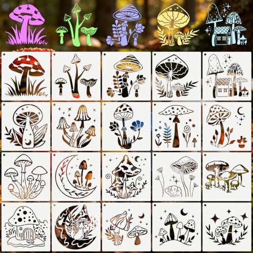 Mushroom Stencils for Crafts Reusable 20Pcs Stencils(5.8X5.8 Inch) | DIY Art Painting Stencil Furniture Decor Kit for Wood Embroidery Wall Silk Screen Journaling - color: Mushroom 2